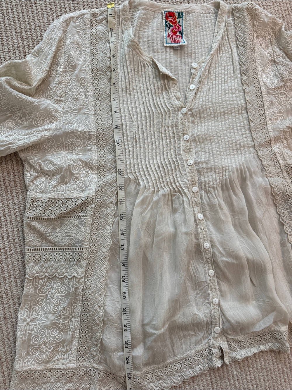 Johnny Was Cream Lace & Pintuck Button-Front Blouse - Picture 11 of 12